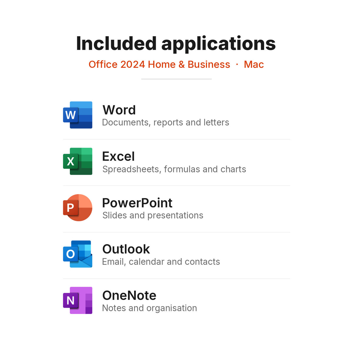 Applications included in Office 2024 Home and Business for Mac: Word, Excel, PowerPoint, Outlook, OneNote